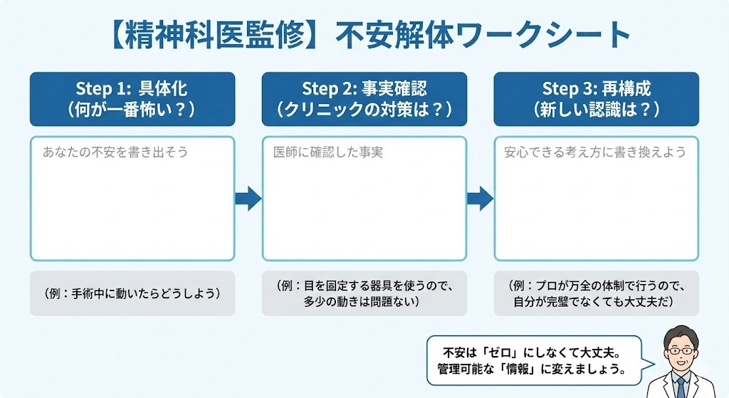 精神科医監修の不安解体ワークシート。ICL手術への不安を具体化・事実確認・再構成の3ステップで整理する図