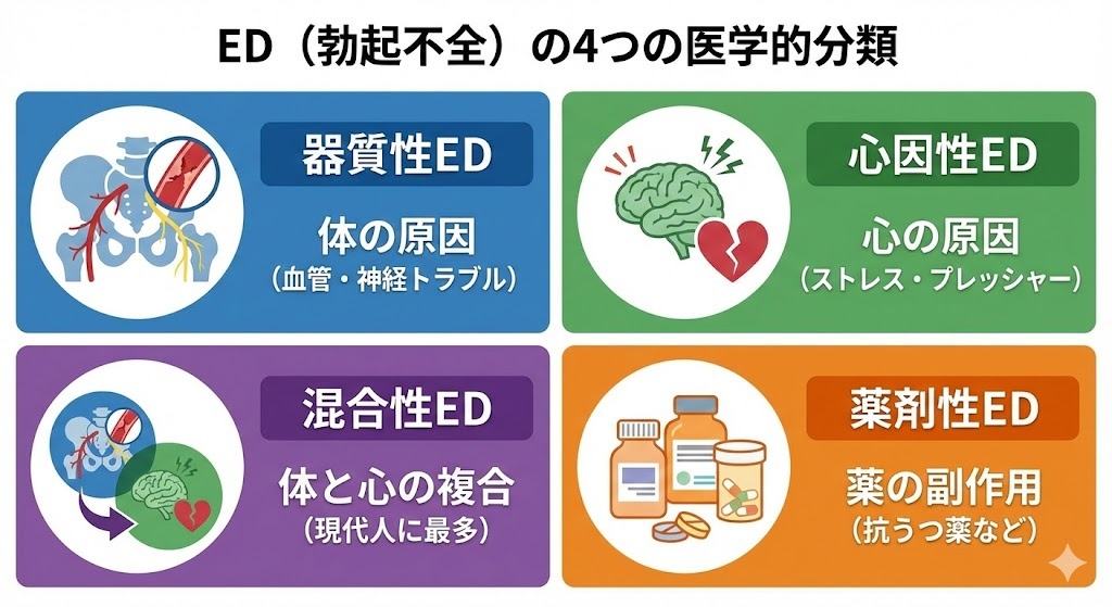 ED（勃起不全）の医学的分類を示す図。器質性ED（血管・神経の体の原因）、心因性ED（ストレスや心理的要因）、混合性ED（体と心の複合）、薬剤性ED（抗うつ薬など薬の副作用）の4タイプをイラストで解説している。