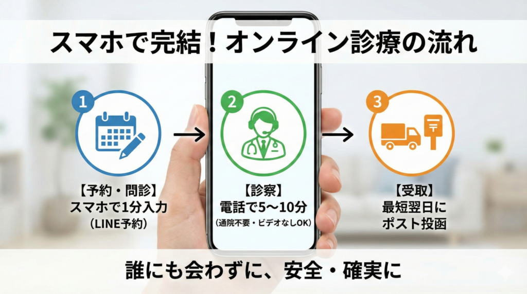 スマホで完結するバイアグラオンライン診療の3ステップ図解:予約から電話診察、最短翌日のポスト投函まで