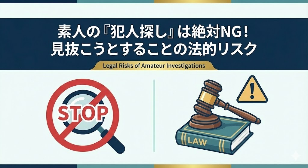 素人がうつ病の嘘を見抜こうとする「犯人探し」の法的リスクを示すイラスト。パワハラ認定や損害賠償を警告するストップマークと法槌