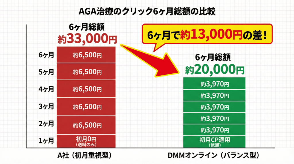 AGA治療費用の6ヶ月総額比較グラフ：初月無料の罠とDMMオンラインクリニックの安さ
