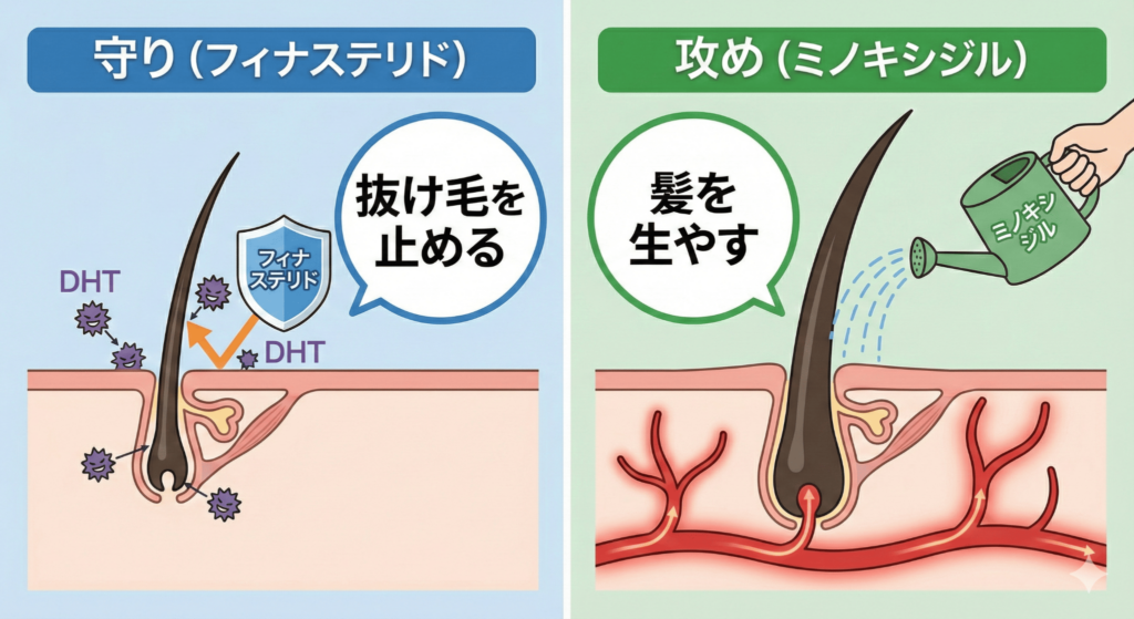 AGA治療薬の効果図解：フィナステリド（抜け毛抑制）とミノキシジル（発毛促進）の仕組み