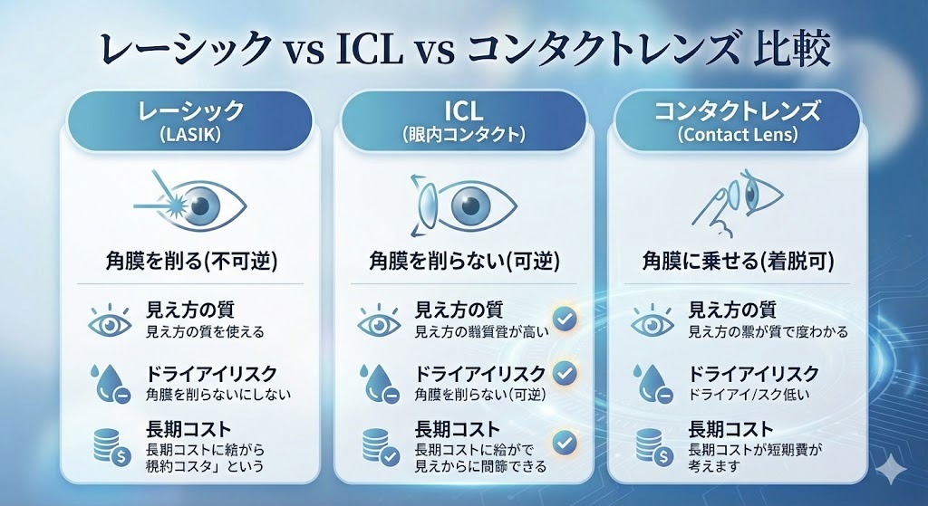 レーシック・ICL・コンタクトレンズの比較を表した画像