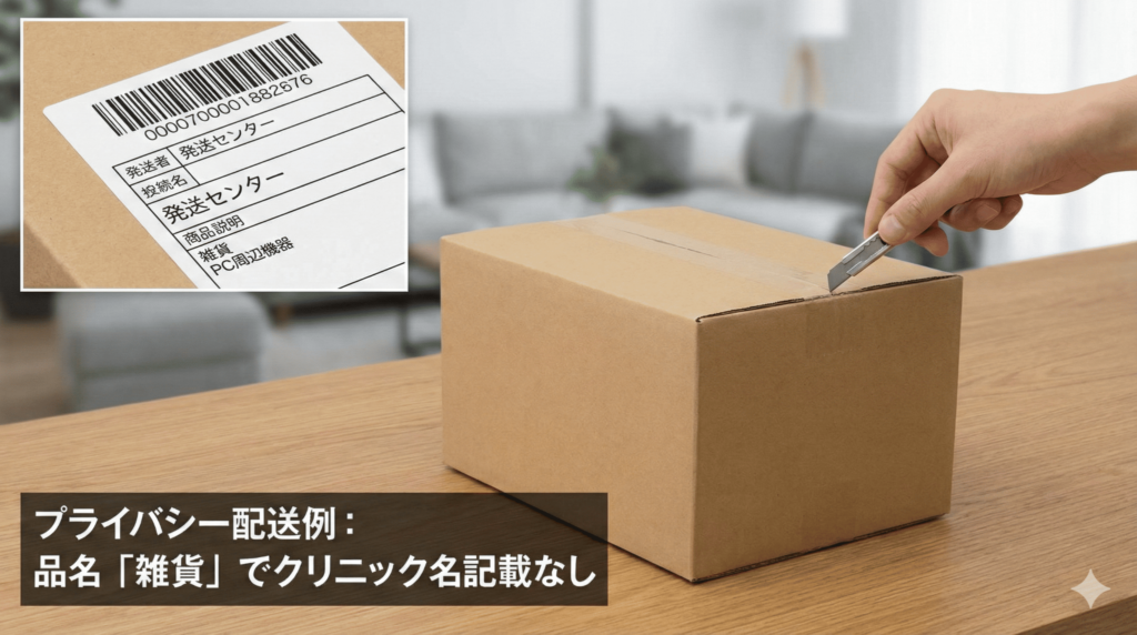 AGA治療薬のプライバシー配送梱包例：品名「雑貨」でクリニック名記載なしの無地封筒