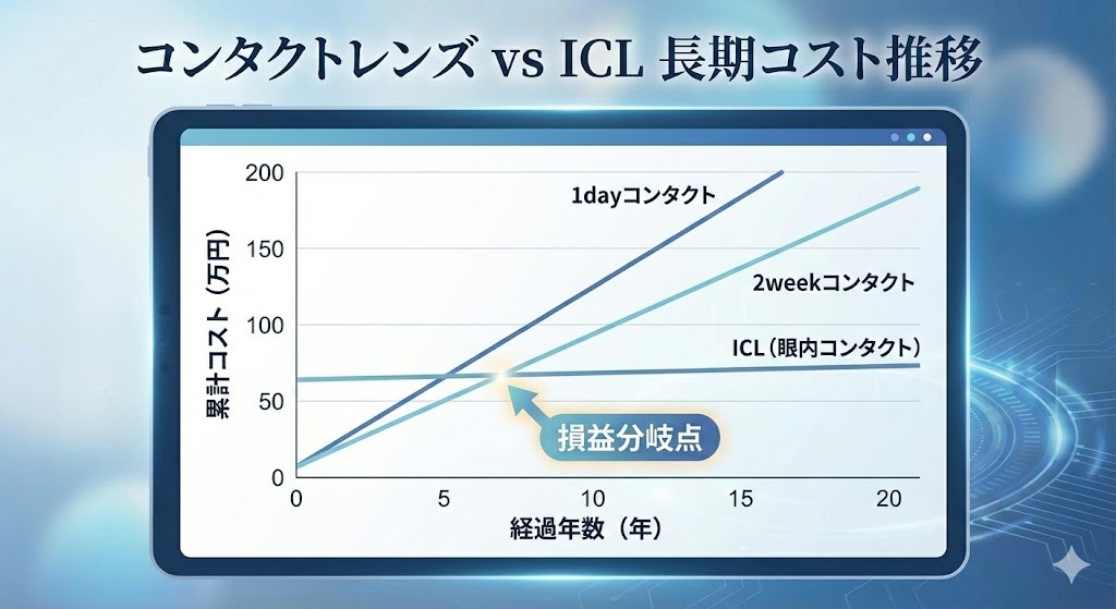 コンタクトレンズとICLの長期コスト推移を表した比較画像