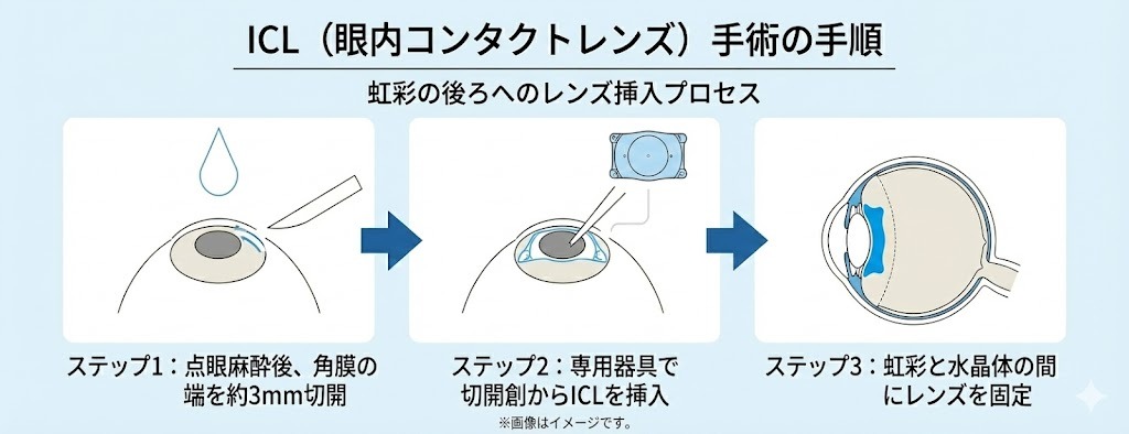 ICL（眼内コンタクトレンズ）手術の模式図。角膜切開からレンズ挿入、虹彩後方への固定までを示したイラスト