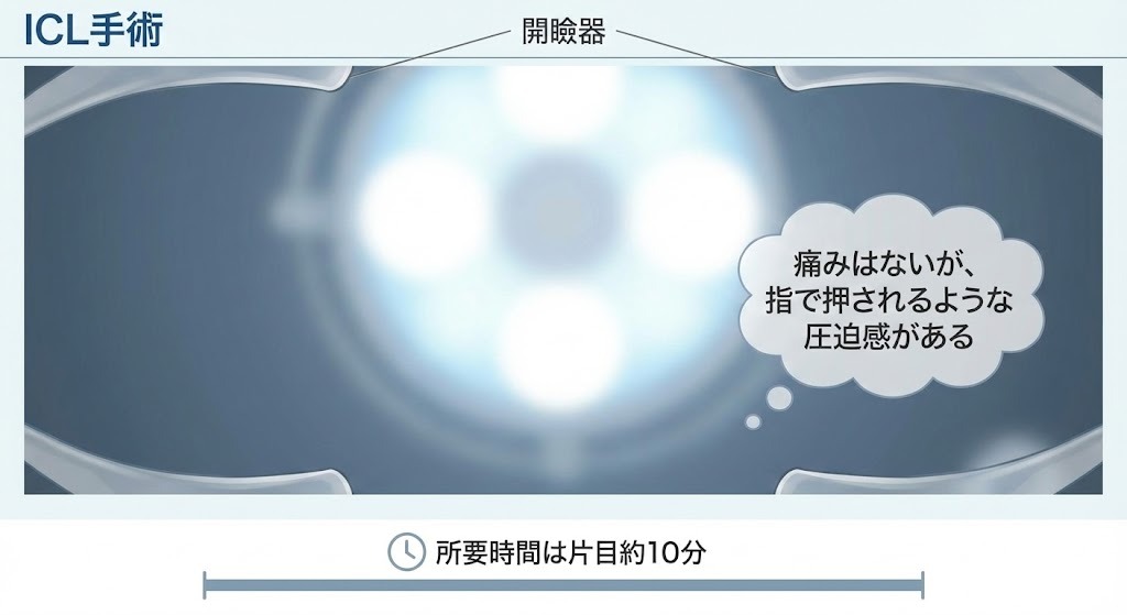 ICL手術中に患者が見る視界のイメージ。強い光が見えるが、痛みはなく圧迫感を感じる場合があることを示す