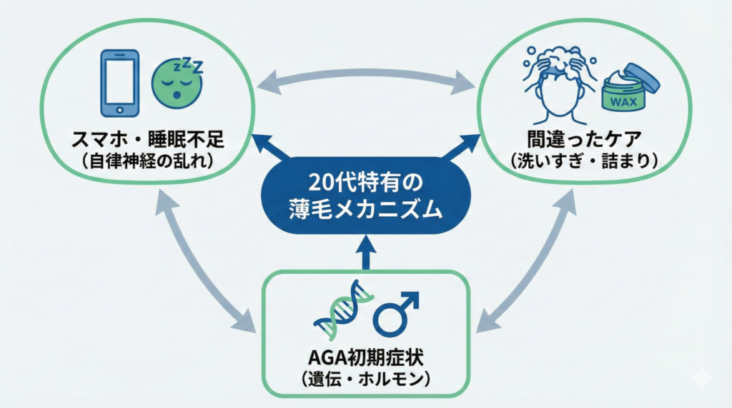 20代の薄毛（若ハゲ）を引き起こす3大原因：スマホによる睡眠不足、間違ったヘアケア、AGA初期症状の相関図