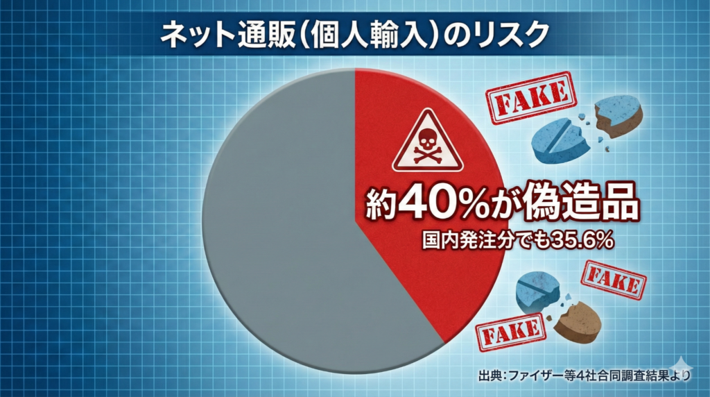 ネット通販(個人輸入)のリスク円グラフ:製薬会社調査でED薬の約40が偽造品であることが判明した警告データ