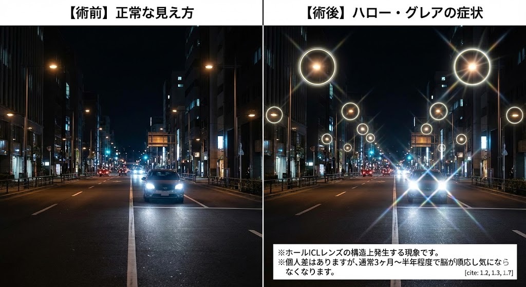 ICL手術前の通常視界と、術後に起こる可能性があるハロー・グレア現象の見え方を比較した画像