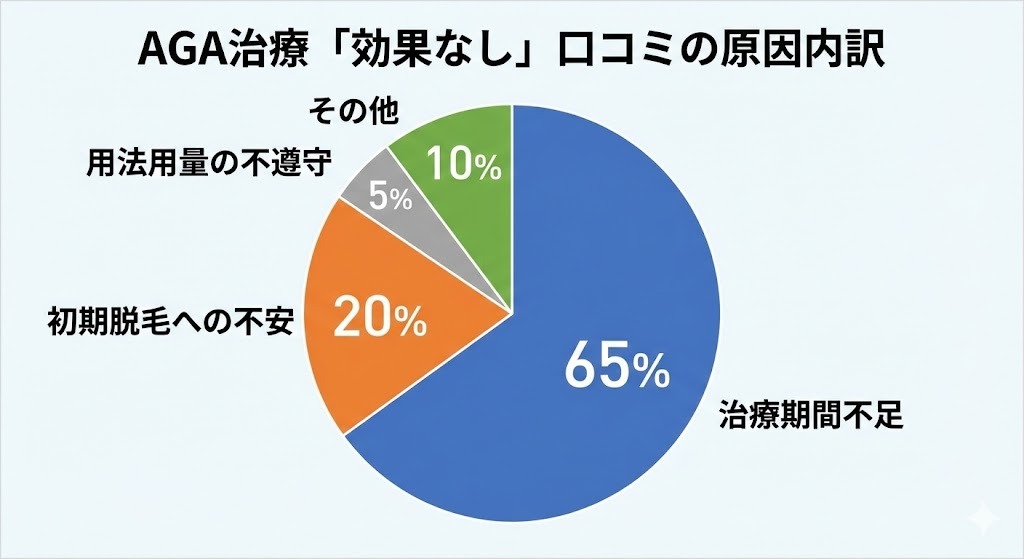 AGA治療の「効果なし」という口コミの原因内訳円グラフ。65%が治療期間不足、20%が初期脱毛への不安であることを示すデータ。