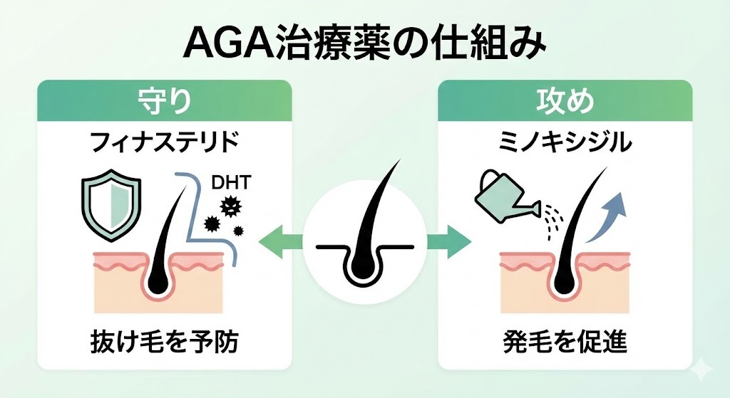 AGA治療薬の役割図解。「守り」のフィナステリド（盾）と「攻め」のミノキシジル（発毛促進）の違いを表したイラスト。