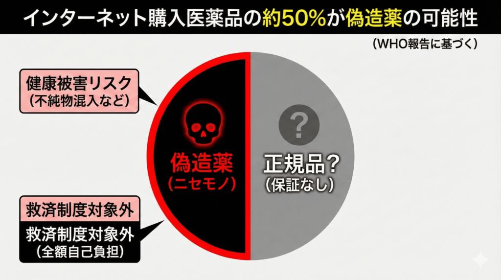 AGA治療薬の個人輸入リスク：ネット通販における偽造薬の割合は約50（WHO報告）