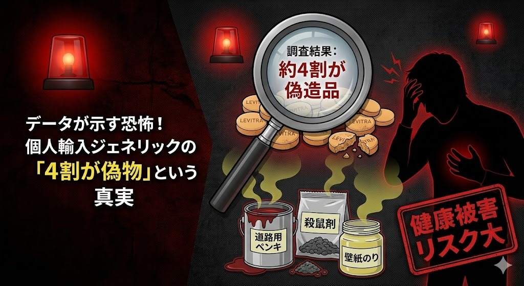 約4割が偽造品であった事実!個人輸入ジェネリックの健康リスクを描いた画像