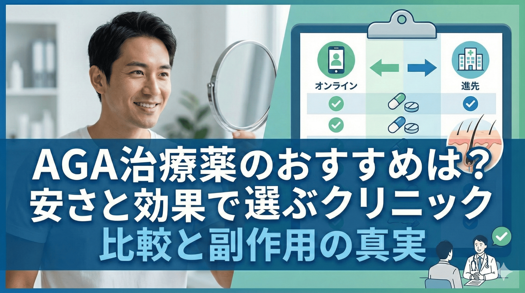 AGA治療薬の選び方を精神科医が監修。フィナステリドやミノキシジルの効果・副作用、初期脱毛の注意点を徹底解説します。DMMオンラインクリニック等、安さと信頼性で選ぶおすすめクリニック7選を比較。後悔しないためのオンライン診療と個人輸入のリスクも紹介。