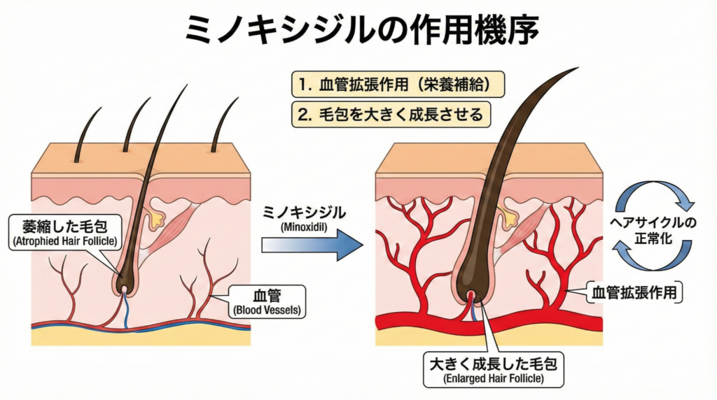 ミノキシジル外用薬の発毛作用機序と毛包への効果イラスト