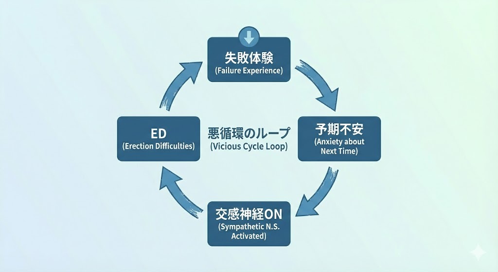 性行為での失敗体験が予期不安を生み、交感神経が過剰に働くことでEDを引き起こす悪循環の仕組みを示した図
