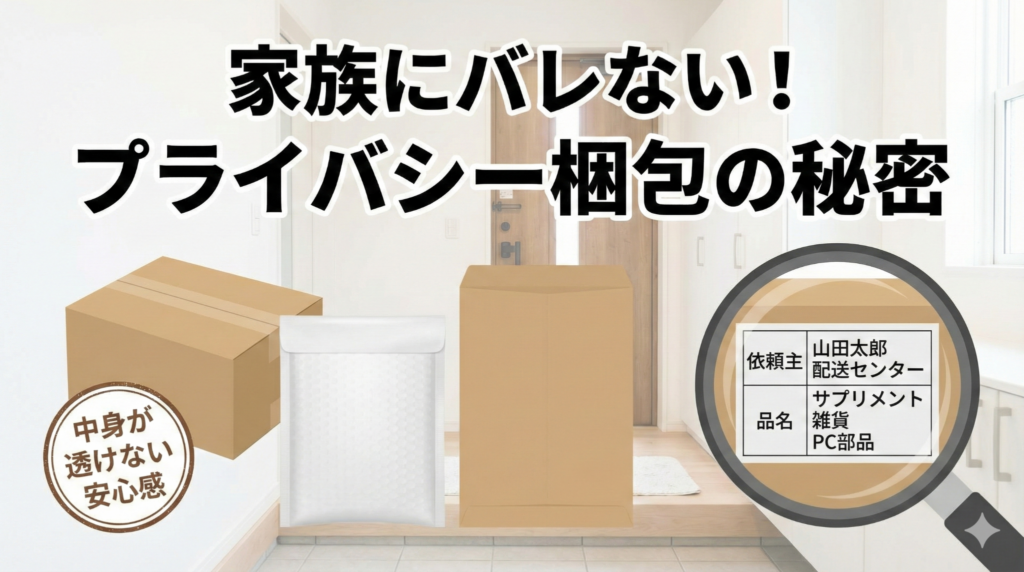 家族にバレないプライバシー配送の梱包例:クリニック名記載なしの無地箱で、品名は雑貨等として届く様子