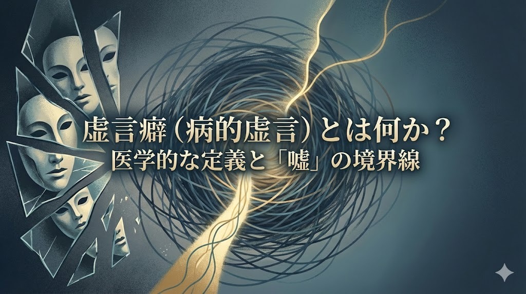 虚言癖（病的虚言）の医学的定義と、正常な嘘との境界線を視覚的に表現した抽象画。渦巻く線と砕けた仮面が、病的な状態と正常な状態の対比を示している。