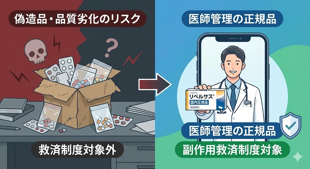 個人輸入（通販）の危険性（偽造品混入、品質劣化、副作用救済制度対象外）と、医師の管理下で行うオンライン診療の安全性（正規品の処方、副作用救済制度の対象）を対比して解説したイラスト。
