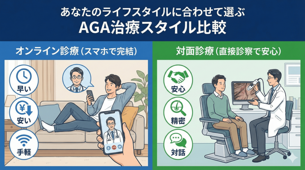 AGA治療におけるオンライン診療（スマホ完結・安価）と対面診療（マイクロスコープ診察・安心感）の比較イメージ図