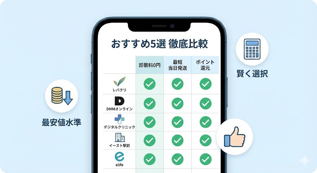 スマートフォンの画面に表示された、リベルサスが安いおすすめオンライン診療5選（レバクリ、DMMオンラインクリニック、デジタルクリニック、イースト駅前クリニック、elife）の料金や特徴（診察料0円、最短当日発送、ポイント還元など）をまとめた比較表のイラスト。