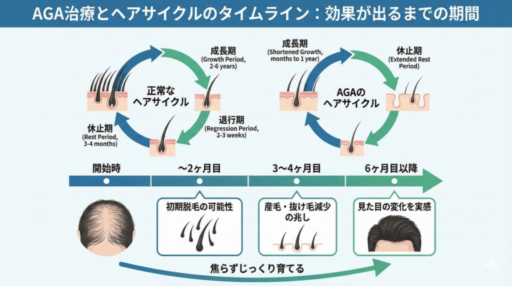 AGA治療の効果が現れるまでの期間とヘアサイクル（毛周期）の正常化プロセスを図解したタイムライン