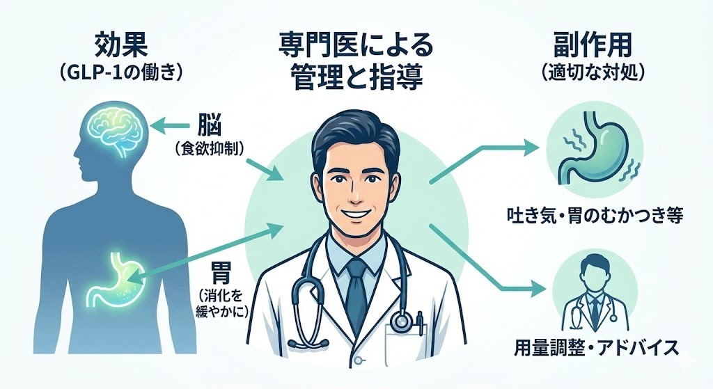 リベルサス（GLP-1受容体作動薬）が脳と胃に作用して食欲を抑制する効果のメカニズムと、起こりうる副作用（吐き気など）に対して専門医がどのように管理・指導を行うかを説明した医療図解のイラスト。