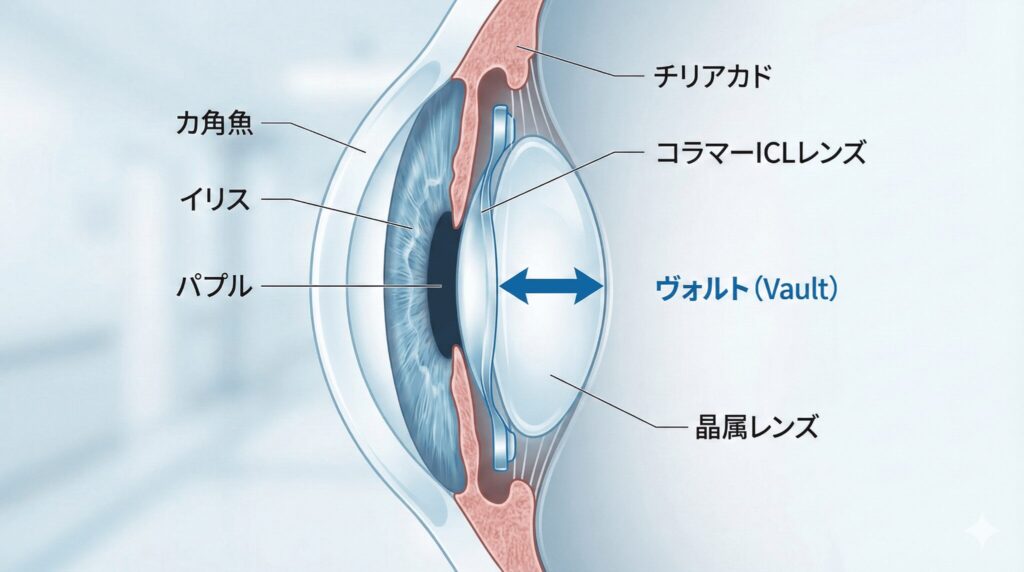ICL手術のレンズサイズ選定におけるヴォルト（Vault）と眼内構造の断面図解