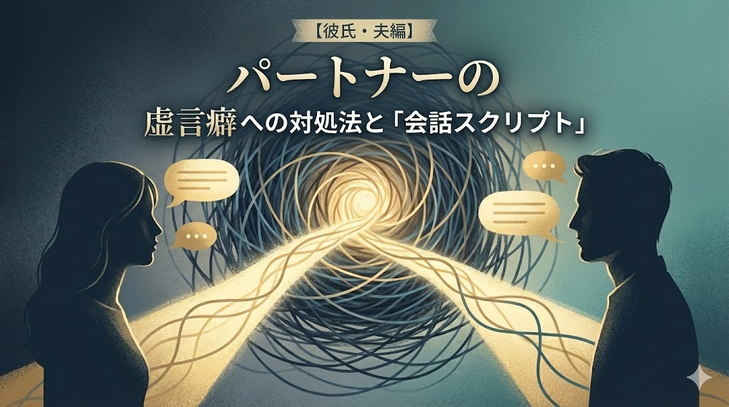 パートナーの虚言癖への対処法をテーマにしたイラスト。男女のシルエットの間に、コミュニケーションを示す光の架け橋が伸び、対話による解決の可能性を示唆している。