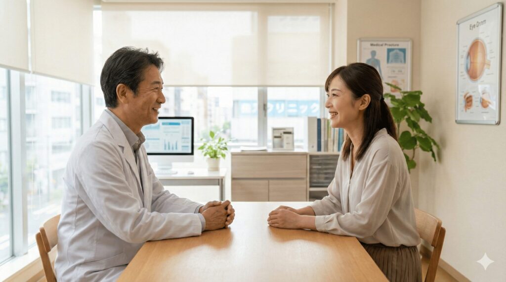 ICL手術の不安を解消するために医師とカウンセリングを行い信頼関係（ラポール）を築く様子