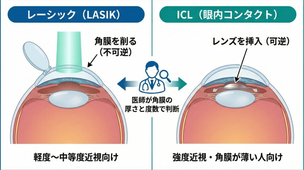 レーシックとICL（眼内コンタクト）の手術方法と構造の違い｜角膜を削るレーシックとレンズを挿入するICLの比較図解