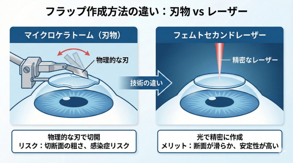 マイクロケラトーム（刃物）とフェムトセカンドレーザーによるフラップ作成の違い
