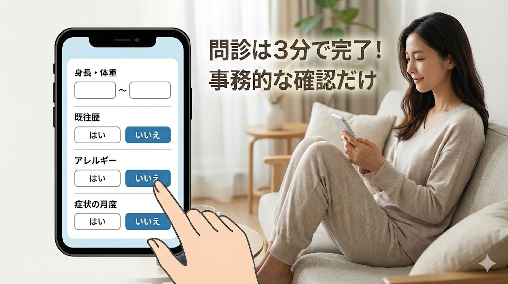 オンライン問診が簡単で事務的であることを示すイラスト。スマートフォンの画面に「身長・体重」「既往歴」「アレルギー」といった項目と「はい/いいえ」ボタンが表示され、女性の指が「いいえ」をタップしている。「問診は3分で完了！事務的な確認だけ」というテキストが添えられている。