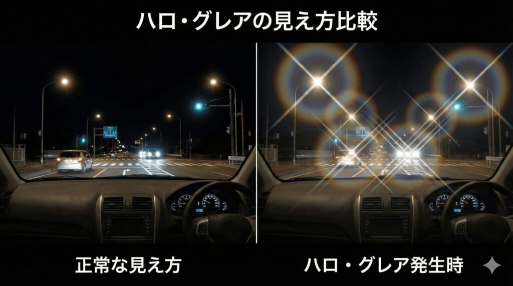 レーシック・ICL術後のハロ・グレア現象の見え方比較シミュレーション画像（夜間の信号・街灯）