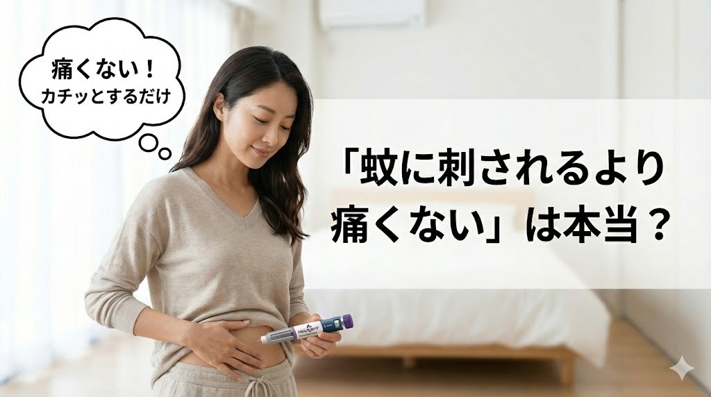 自己注射の痛みが少ないことを表現したイラスト。笑顔の女性がマンジャロのアテオス注射器をお腹に当てており、「痛くない！カチッとするだけ」という吹き出しが出ている。「『蚊に刺されるより痛くない』は本当？」というテキストが添えられている。