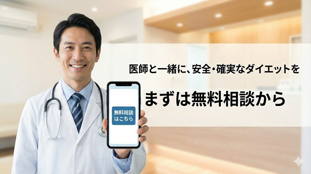  医師による無料相談を促すイラスト。白衣を着た笑顔の男性医師が、「無料相談はこちら」と表示されたスマートフォンの画面をこちらに向けて差し出している。「医師と一緒に、安全・確実なダイエットを まずは無料相談から」というテキストが添えられている。
