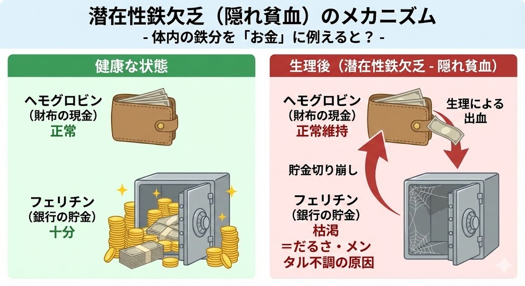 潜在性鉄欠乏（隠れ貧血）の仕組みを、お金に例えて解説した図。健康時はヘモグロビンとフェリチンが十分だが、生理後はフェリチンが枯渇し、だるさや不調が起こることを示している