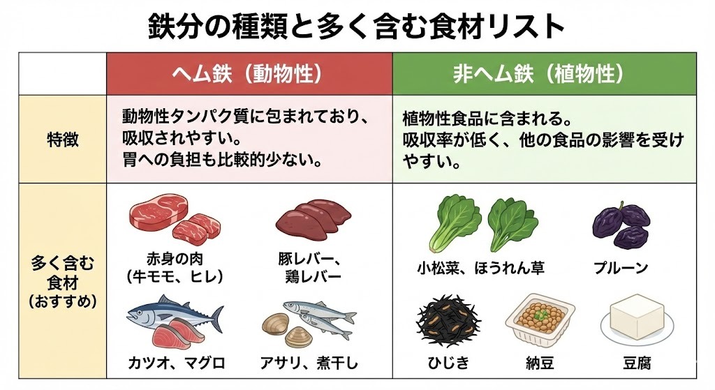 ヘム鉄と非ヘム鉄の違いと、それぞれを多く含む食材を比較した一覧図。赤身肉やレバー、ほうれん草や納豆などを紹介している