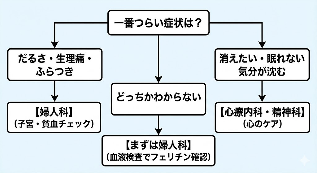 生理後の不調で婦人科と心療内科・精神科のどちらを受診すべきかを示したフローチャート。症状別に受診先の目安を示している