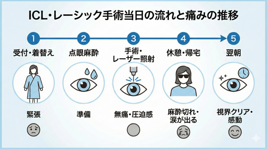 ICL・レーシック手術当日の流れと痛みの推移シミュレーション図