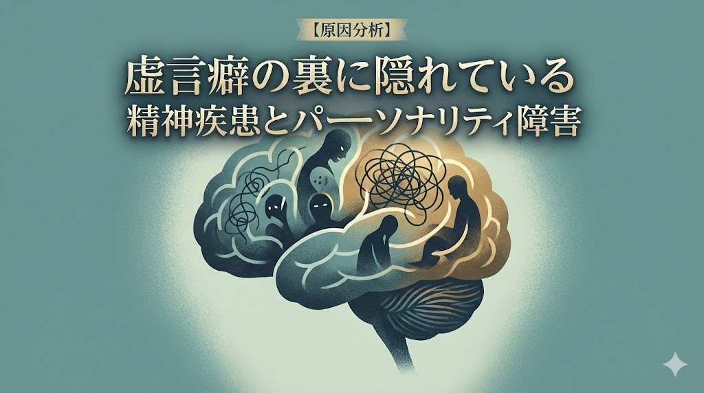 虚言癖の背後にある精神疾患やパーソナリティ障害を、脳と心のアイコンの中に潜む影や絡まった線で表現したイラスト。