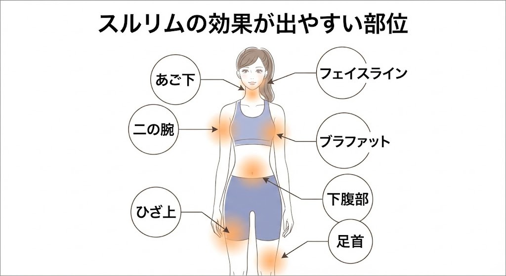 脂肪溶解注射スルリムの効果が出やすい部位のイラスト。あご下、フェイスライン、二の腕、ブラファット、下腹部、ひざ上、足首などの局所的な脂肪部位を示した図