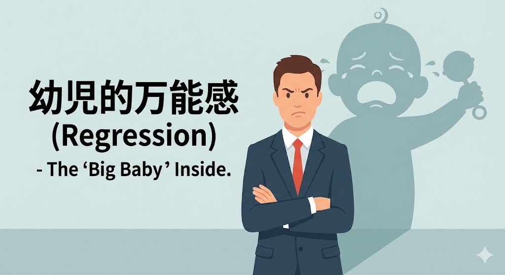 言葉で感情を表現できず、幼児的な万能感に退行して不機嫌を示す大人の心理状態を表したイラスト