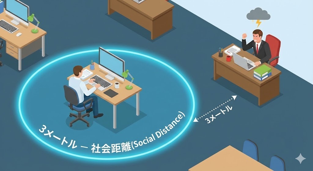 不機嫌な人物との間に3メートルの社会的距離を保つことで心理的ストレスを軽減するオフィス配置の図