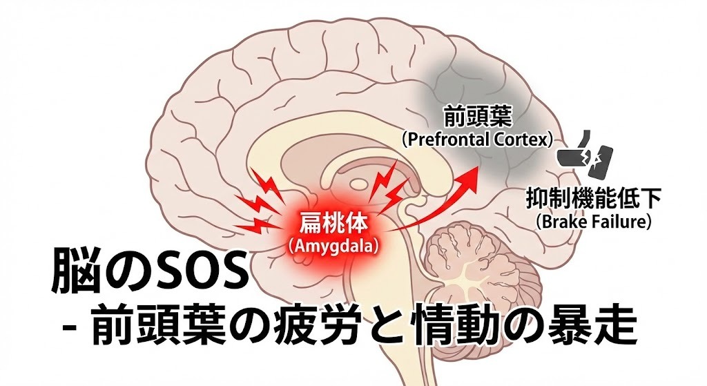 睡眠不足により前頭葉の抑制機能が低下し、扁桃体が過剰に反応して感情が暴走する仕組みを示した脳の図解