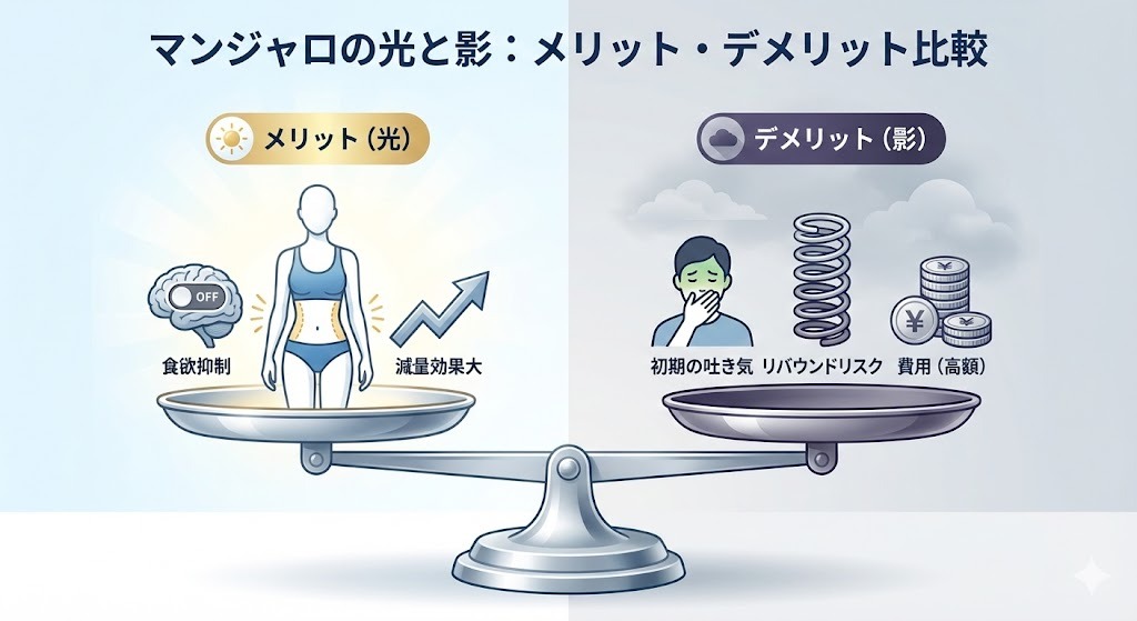 マンジャロのメリット（食欲抑制、強力な減量効果）とデメリット（初期の吐き気、リバウンドリスク、高額な費用）を天秤にかけて比較している図解。