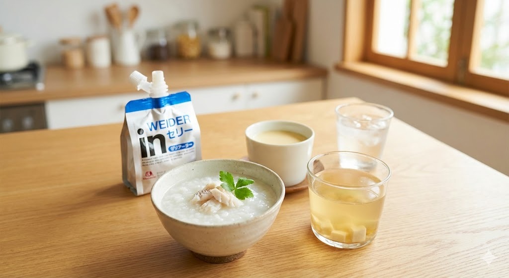 マンジャロ使用中の副作用（吐き気）対策として推奨される、消化に良い「分食」の例。食卓におかゆ、茶碗蒸し、お吸い物、ゼリー飲料、水が並んでいる様子。