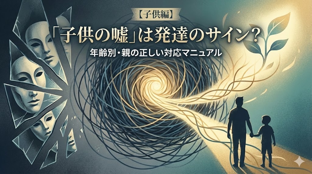 子供の嘘と発達の関係をテーマにしたイラスト。親子が手をつなぎ、光り輝く植物が育つ未来を見つめている様子が描かれている。