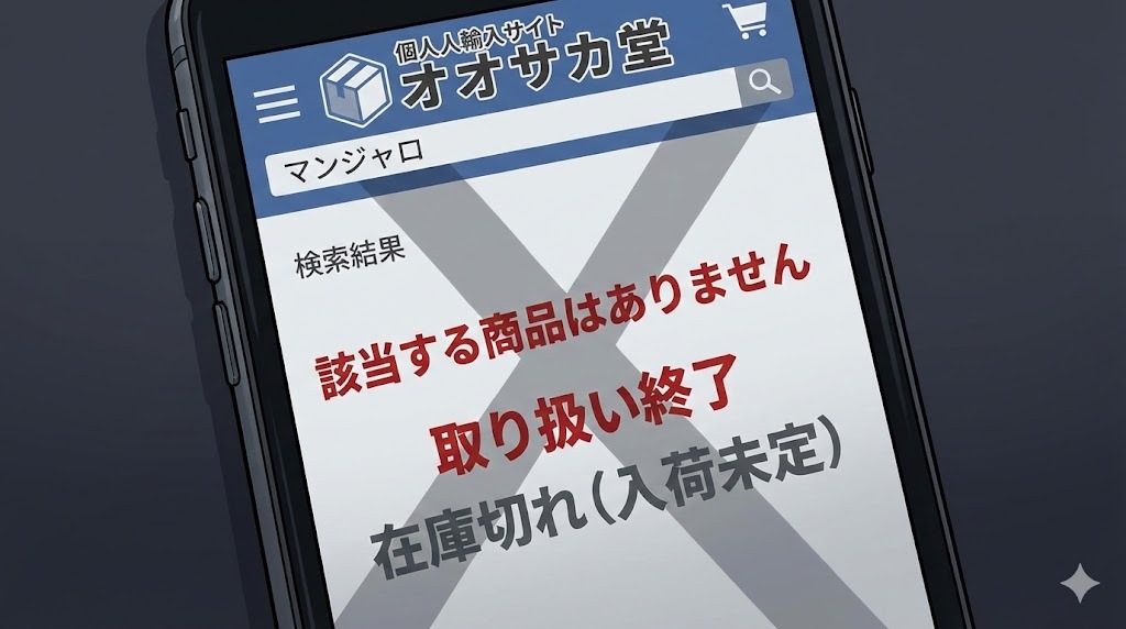 スマホ画面イメージ：オオサカ堂などの個人輸入代行サイトでマンジャロを検索しても『該当商品なし』『取り扱い終了』『入荷未定』と表示され、購入できない現状を示した図。